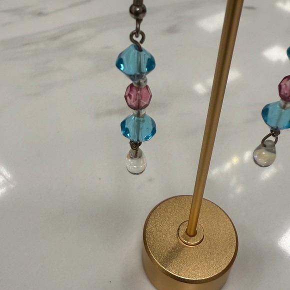 Dangle Drop Earrings Blue Pink‎ Crystal Beads Silver Tone Hook Women Jewelry - Picture 3 of 3